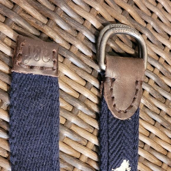 Abercrombie Fitch Woven Belt Blue Brown Leather D Ring Logo Moose Preppy 35.5 - Picture 4 of 7